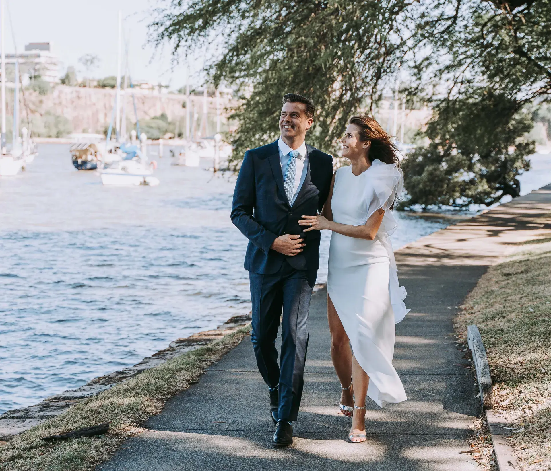Wedding portraits photographed beside the Brisbane River